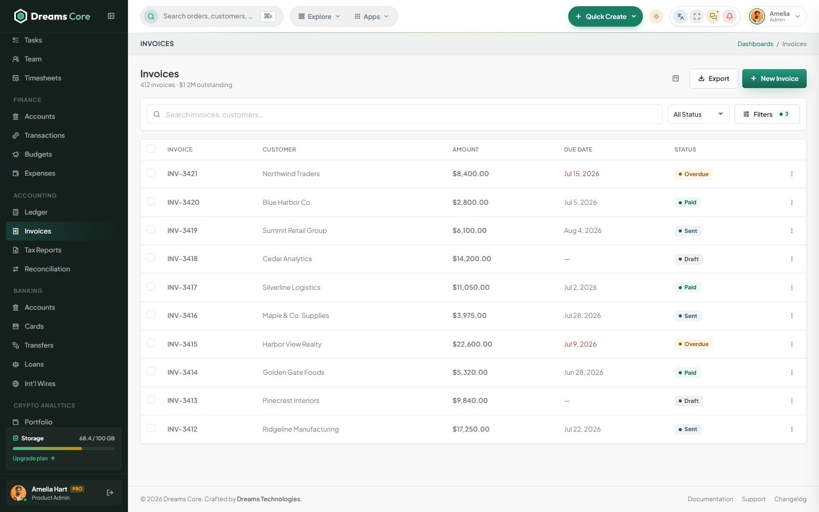 Invoices page
