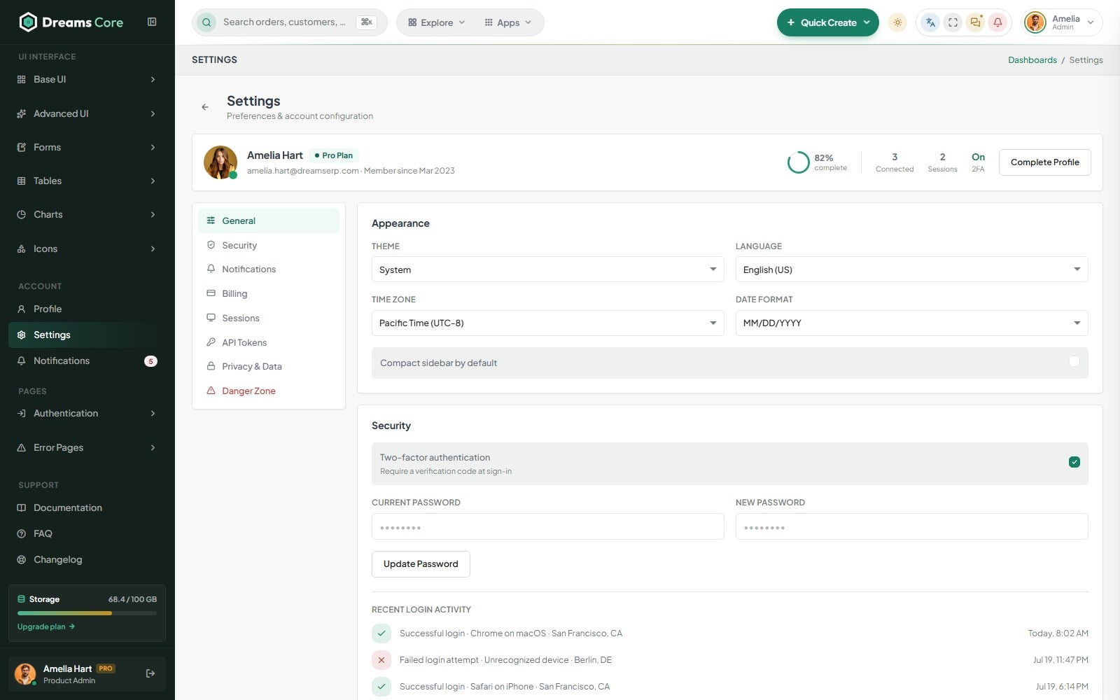 Profile Settings page